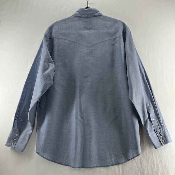 Wrangler Western Work Shirt Sz 17x35 Cowboy Cut Pearl Snap Pockets Chambray Blue - Picture 2 of 13